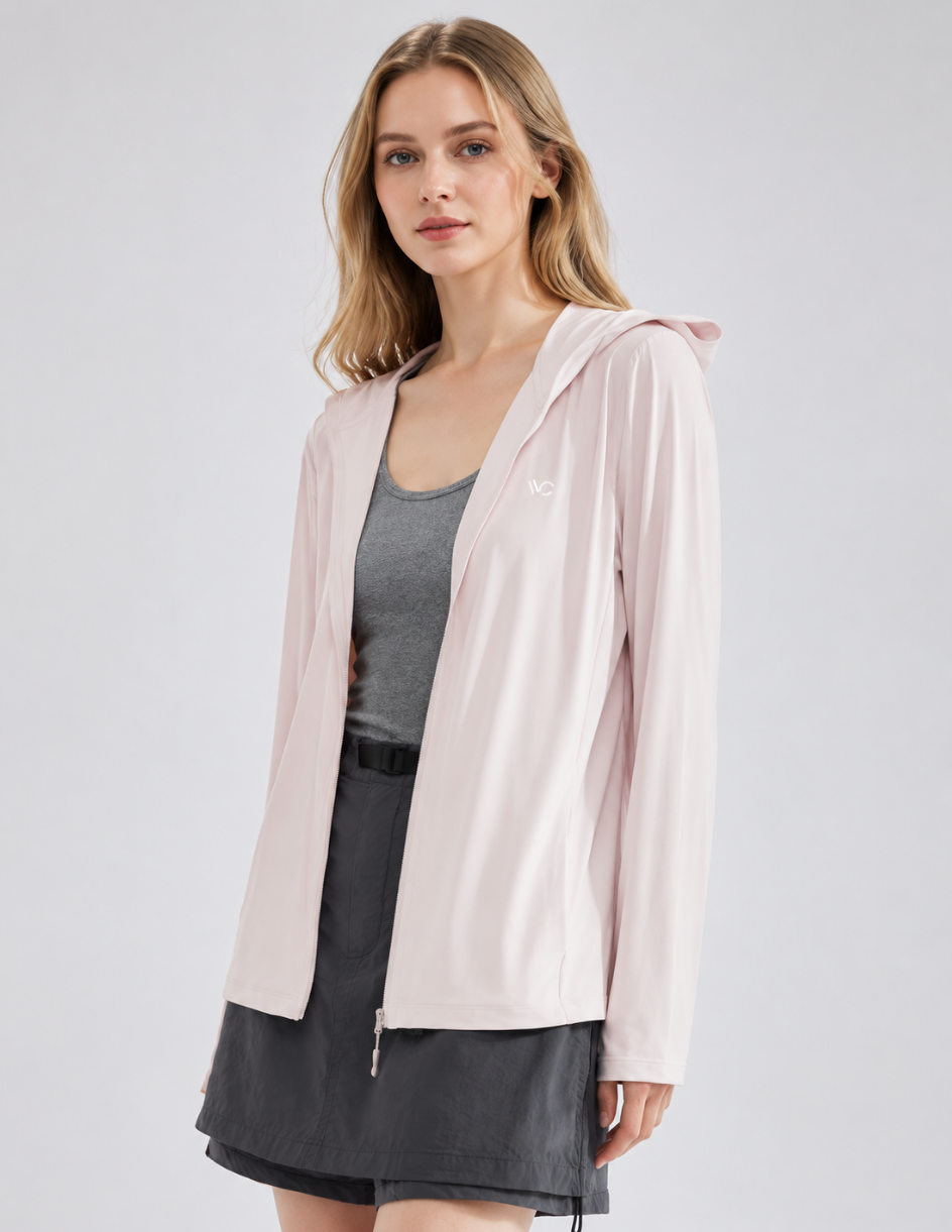 Women’s Lightweight Hooded Sun Protection Jacket – Minimalist Athleisure UV Cover-Up