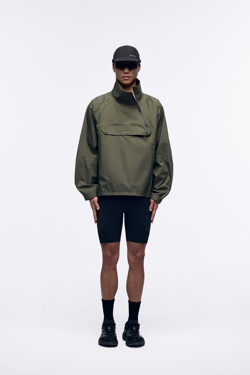 Ventarra unisex bonded hiking shell jacket in Olive Green — hoodless windproof mountain jacket with fully taped seams and elastic cuffs