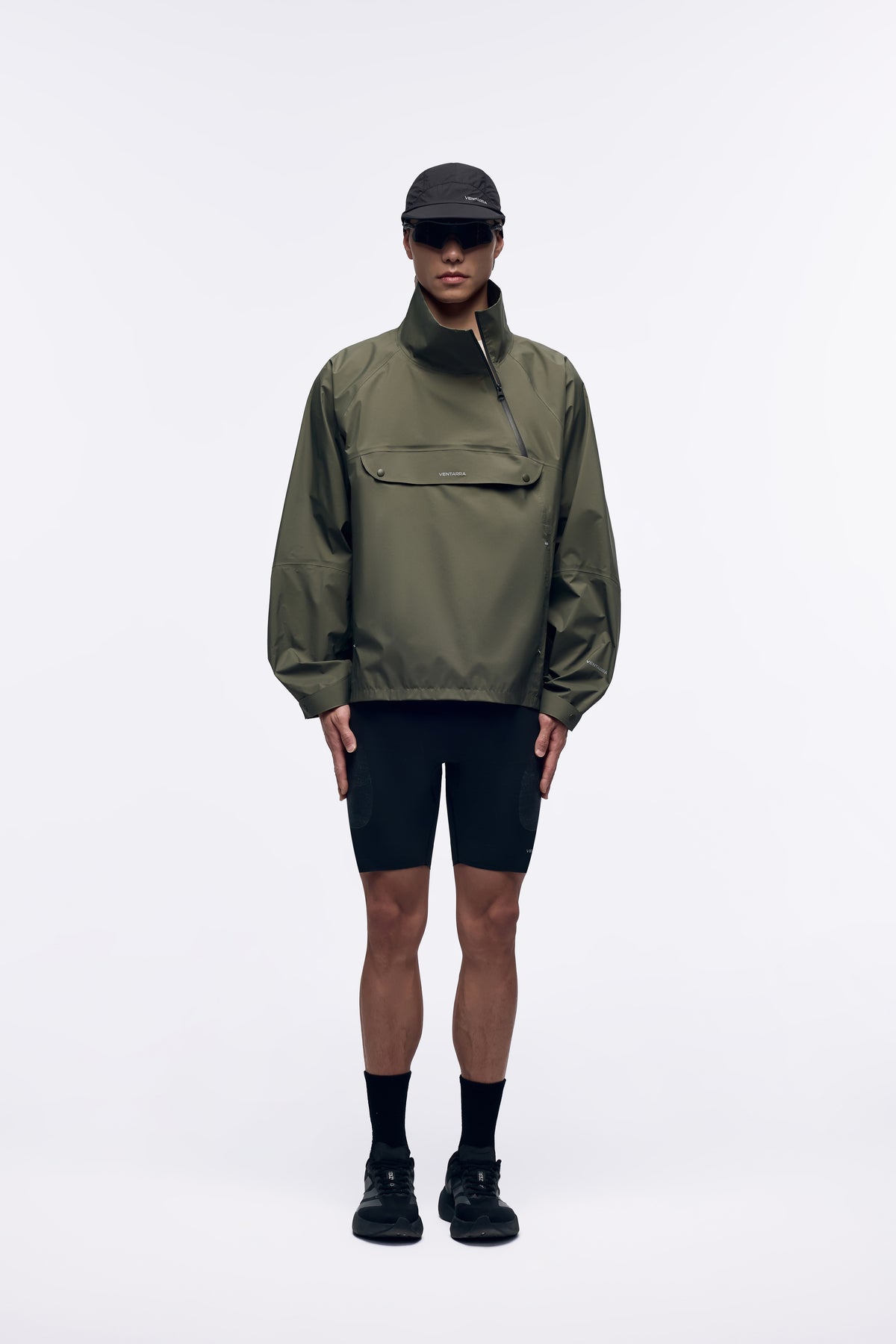 Ventarra unisex bonded hiking shell jacket in Olive Green — hoodless windproof mountain jacket with fully taped seams and elastic cuffs