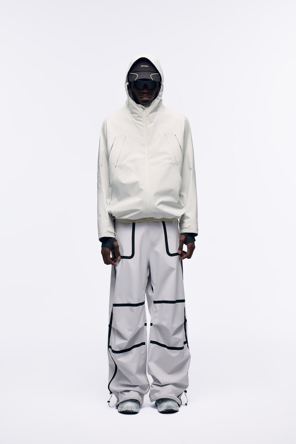 Ventarra unisex multi hidden-pocket hooded shell jacket in Off-White — waterproof 3-layer composite with 6-compartment front panel, extended back vent and 3D adjustable hood