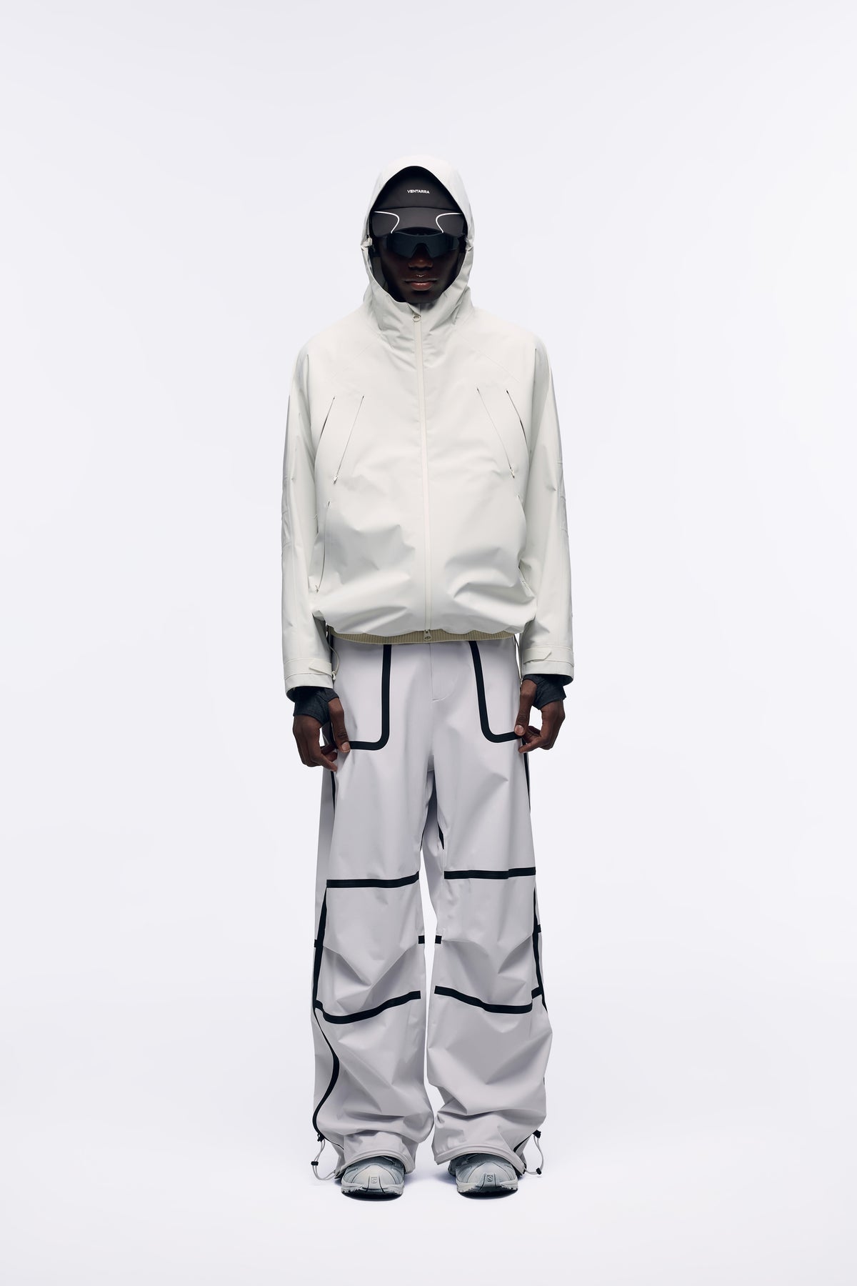 Ventarra unisex multi hidden-pocket hooded shell jacket in Off-White — waterproof 3-layer composite with 6-compartment front panel, extended back vent and 3D adjustable hood
