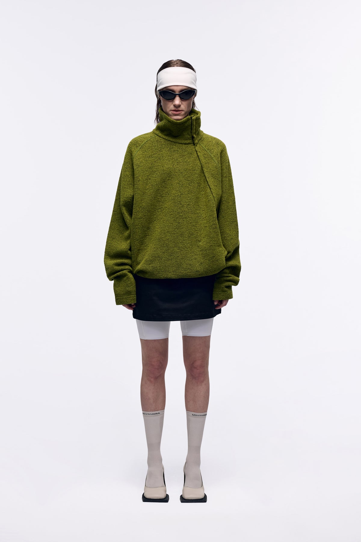 Ventarra women's mid-layer sweatshirt in Olive Green — wool blend thermal fleece with diagonal zip stand collar, raglan sleeves and reflective details